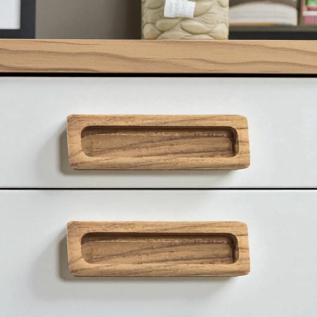 HomeRoots Premium Teak Wood Cabinet Knobs - Brown Rectangular Decorative Door Handles, Set of 2, 360-Degree Stand, Moisture Resistant Hardware (476583)