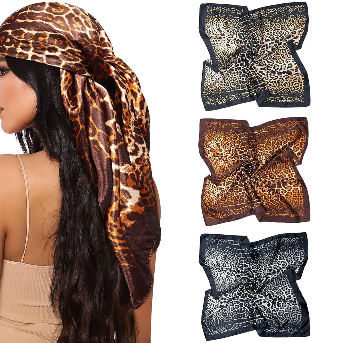 Women's 3-Pack Printed Polyester Scarves, 35" Large Square Silk-Like Satin Scarves in Leopard & Floral Prints for Hair, Neck, Daytime Ceremonies, Printed Polyester Scarf