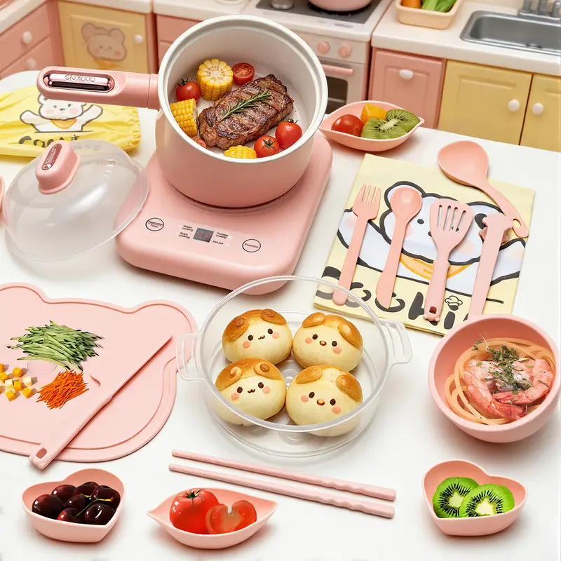 Kids Real Cooking Set - Pink Mini Montessori Educational Child Safe Kitchen & Food Toy, Interactive Multi-Piece Play Food Set for Ages 8-12, Kids Toy, Play Food Sets Pretend Cooking Set Cooking Playset