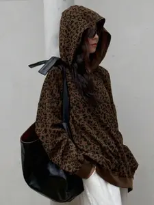 Spring Fall Corduroy Leopard Print Oversized Hoodie, Long Sleeve, Full Leopard Pattern, Fashion Casual Versatile, Unisex Couple Valentine's Day Sweatshirt