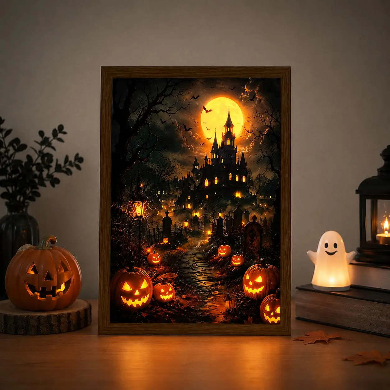 Halloween Haunted Castle Pumpkin Graveyard LED Light Painting USB-Powered, Adjustable Desk Lamp, Polished Wood Frame, Perfect For Bedroom Or Home Decor, Ideal Halloween & Birthday Gift, LED Lights For Bedroom, Interior Led Lights, Indoor Room Lights