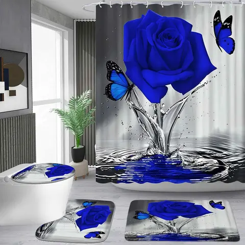 Classic Geometric Blue Rose Water Drop Butterfly Artwork Shower Curtain Set with 12 Hooks, Waterproof Bathroomcurtain, Non-Slip Bathroom Carpet, U-Shaped Toilet Cushion, Toilet Seat Cover, Indoor Use Bathroom Decoration, Ideal Moving Gift