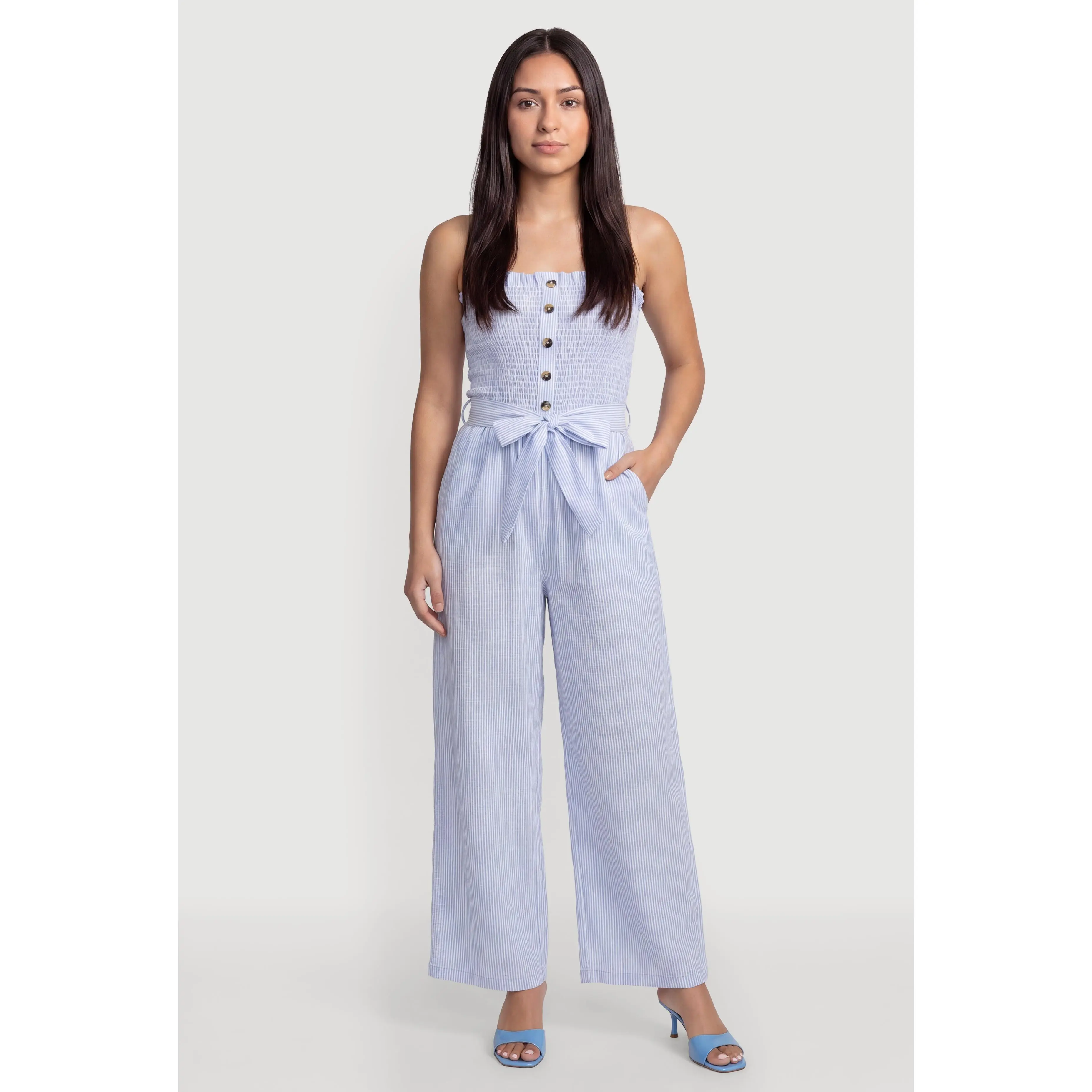 Striped Tie Waist Belted Smocked Tube Jumpsuit