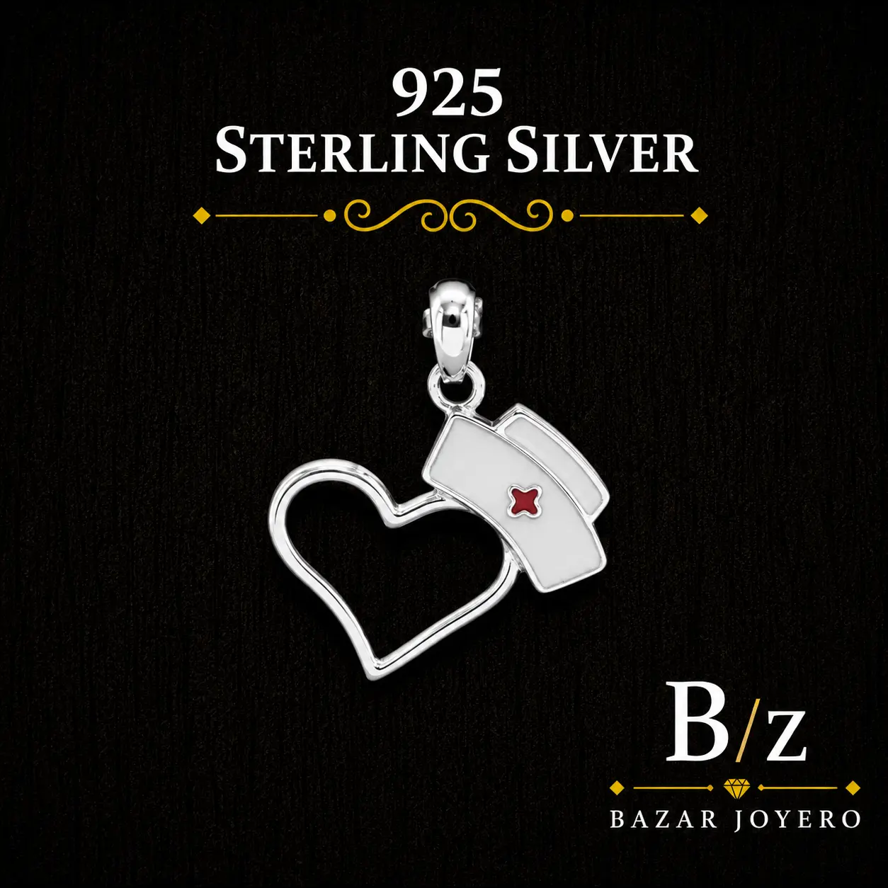 925 Sterling Silver Nurse Heart Pendant – White Enamel Nursing Cap Charm