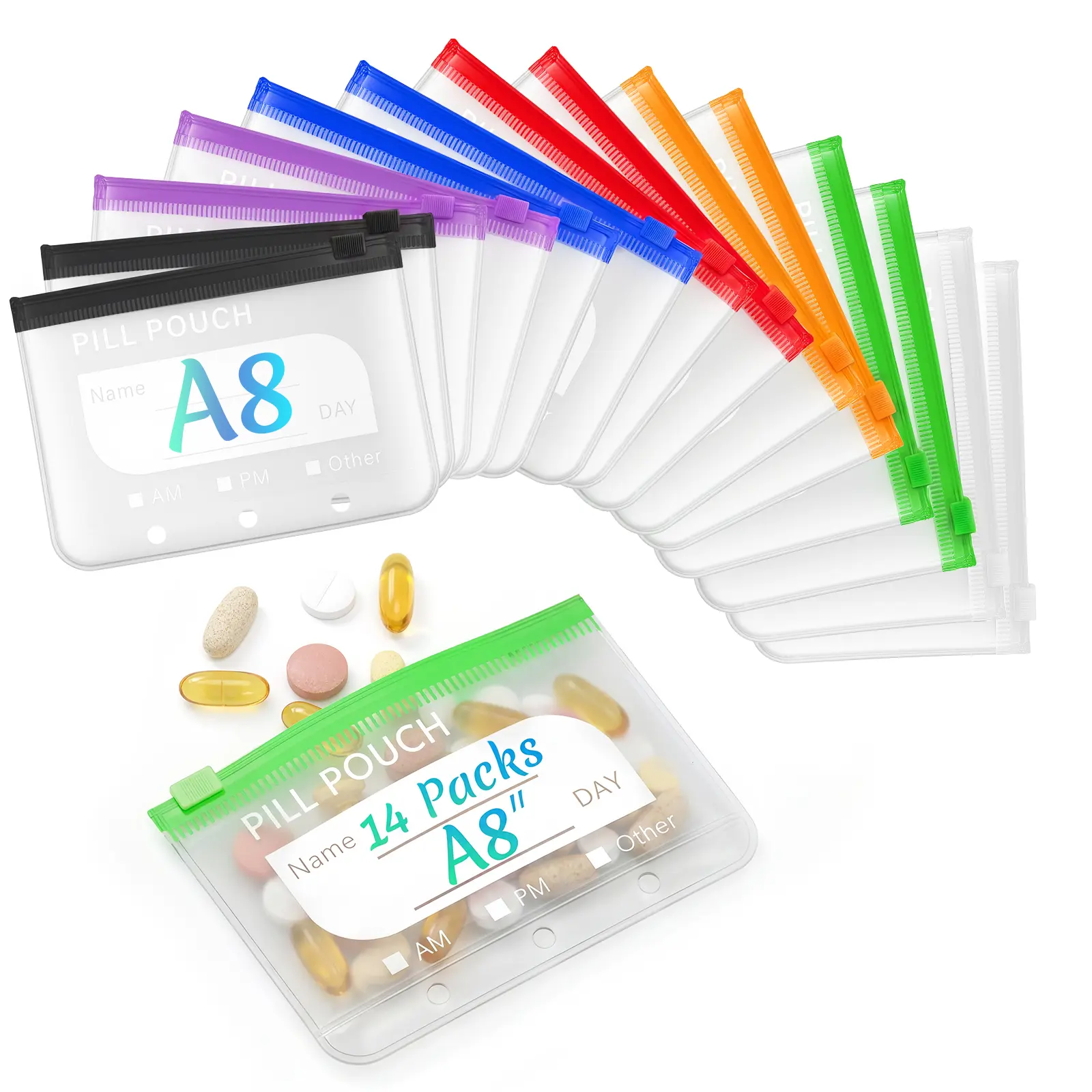 14 Pack Pill Pouches for Travel, A8 Reusable Zipper Medicine Bags, BPA Free Pill Organizer Refills with Slide Seal & Writable Labels, Color-Coded Storage Pouches for Vitamins, Supplements