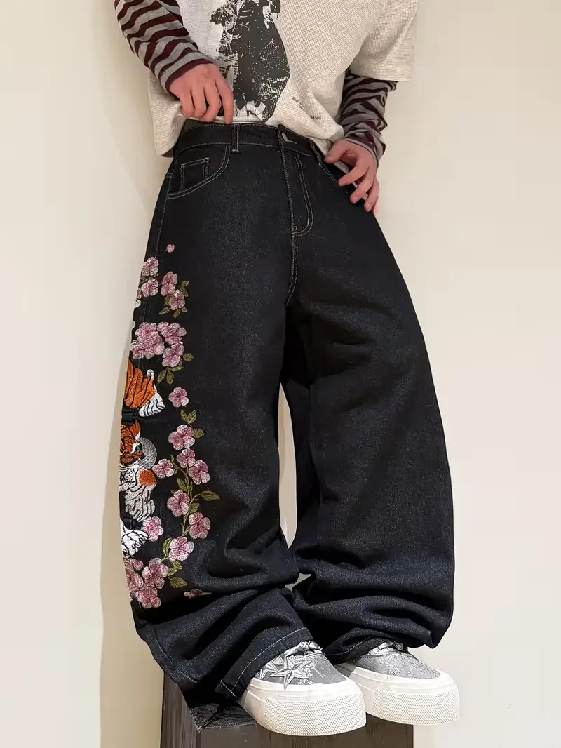 UP.THE Y2K Black Ultra Baggy Wide-Leg Jeans with Tiger Sakura Embroidery – Harajuku Streetwear Denim