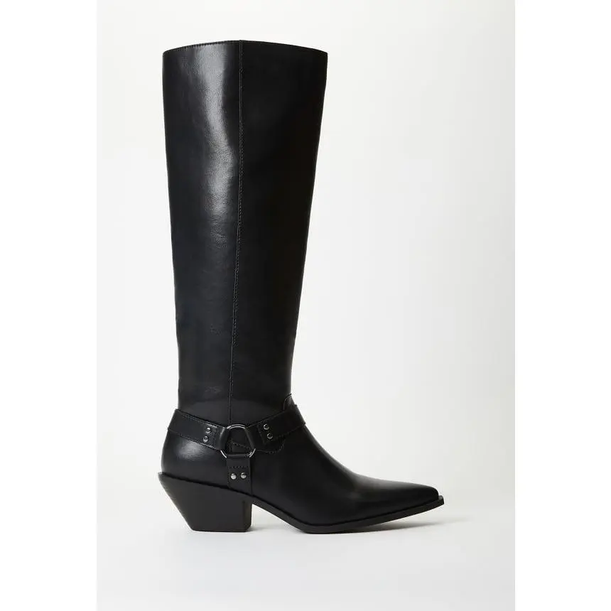 Women's Stylish Knee-High Boots, Pointed Toe Pull-On Design in Eco Leather with a Comfortable Low Block Heel and Harness Strap, Footwear, Classic, Comfortable Heels, Casual Wear, Statement Shoes, Walking Shoes, Unique, Alternative Style, Western Ootd, Cow