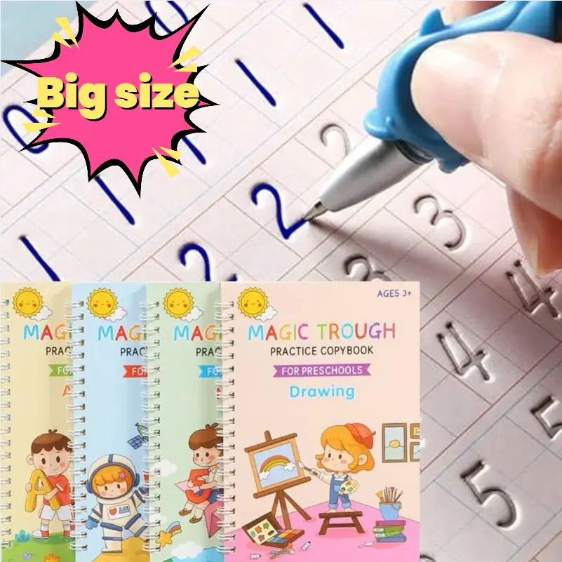 Big size 4 Pcs Reusable Grooved Letter Tracing Preschool Kids Handwriting Books,Magic Ink writing practice books handwriting Pen Drawing Ergonomic Handle summerwins