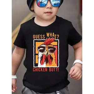 Summer Boys' Fashion Short Sleeve "Guess What Chicken Butt" Letter Element Rooster Print Outdoor Casual Top
