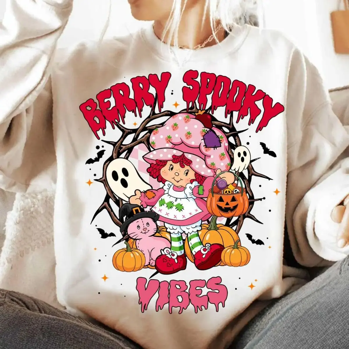 Cute Berry Spooky Vibes Sweatshirt, Pink Halloween Youth Tshirt, Berry Girl, Strawberry And Friends, Berry Sweet Girl Cartoon, Cartoon 80s, Unisex Sweater Pullover Tee
