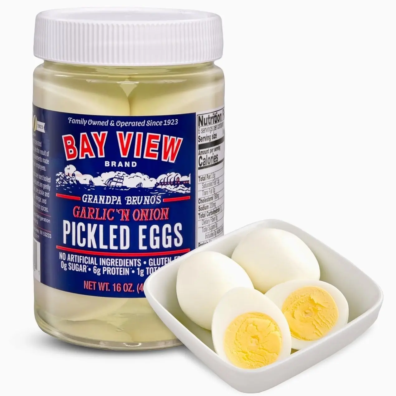 Bay View Pickled Eggs, No Artificial Ingredients, Gluten Free, 0g Sugar, 6g Protein, Fresh Grade A Eggs, Boiled and Peeled (16oz, Garlic 'N Onion)