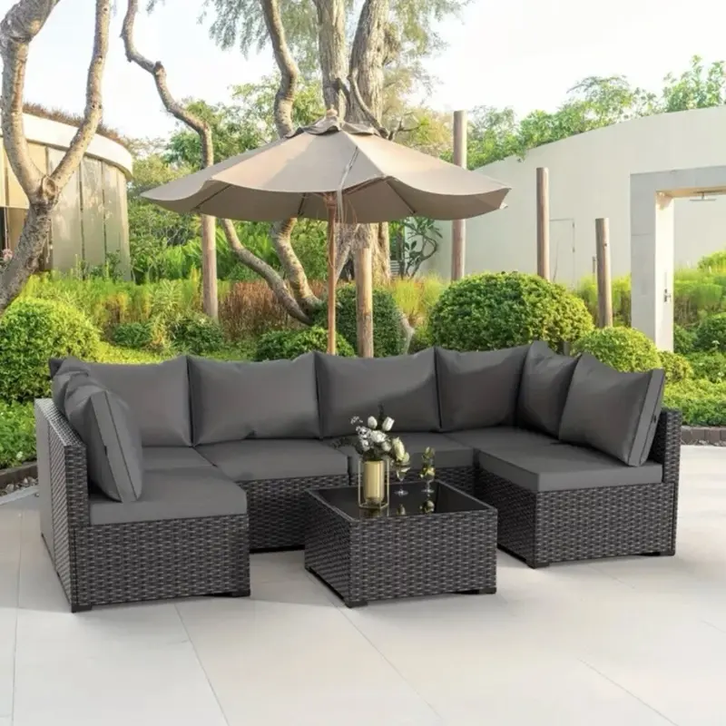 7pcs Outdoor Couch with Glass Table