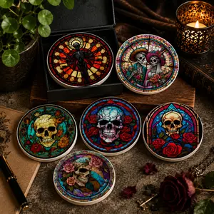 Gothic Skull Soapstone Car Coaster, Stained Glass Skull Print, Absorbent Cup Holder Coaster, Dark Aesthetic Car Accessory Gift