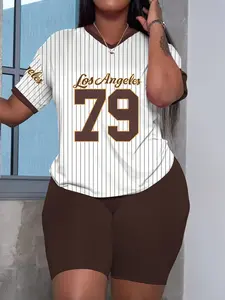 Women's Striped Sporty Summer Casual Short Sleeve Shorts Set, Shorts Sets Outfits, Fitted Two-Piece for Spring & Fall, Comfortable Daily Wear