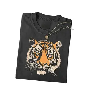 Vintage Washed Tiger Head Graphic T-Shirt - Retro Animal Print Oversized Casual Tee Distressed Tiger Face Print Washed Black T-Shirt - Wild Animal Streetwear Top