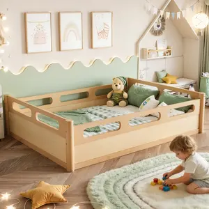 Full Size Floor Platform Bed with Full-length Guardrails, Low Profile Bed Frame, No Box Spring Needed, Natural Wood Finish, Solid Construction, Easy Assembly, for Bedroom, Guest Room, Kids Room, Dormitory, Bedroom Furniture for Bedroom