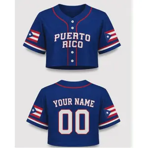 Puerto Rico Crop Top Baseball Jersey | Women's Heritage Edition Blue Button Down Short Sleeve Shirt | Custom Name & Number Game Day Athletic Wear