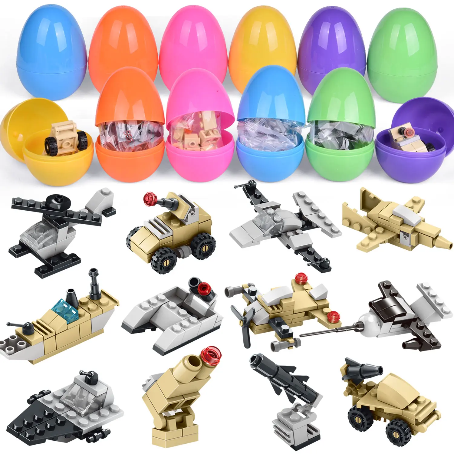 FUN Little Toys 12Packs Building Block Easter Egg - War-Themed Bricks, Planes, Ships, and Missiles for Party Favors & Easter Basket Stuffers