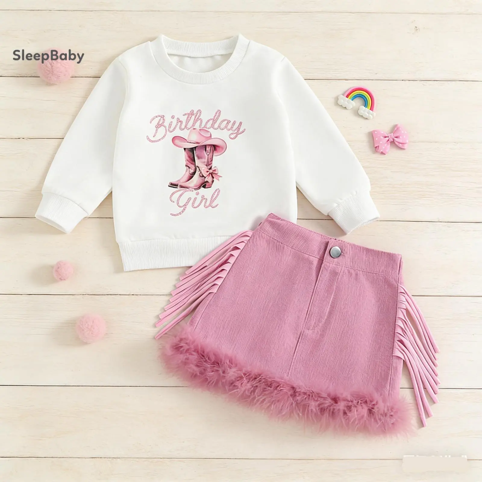 Toddler Girls' 5-Piece Polyester-Elastane Baby Clothing Gift Set - 1-2 Years, Long Sleeve Top, Tassel Fur-Trim A-Line Skirt, Letter Boots, Printed Denim Hat, High Heels for Birthday Events