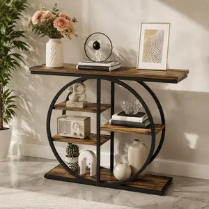 Littleox 41.3 Inch Industrial Console Table for Entryway, Narrow Sofa Table with Storage Shelves & Circle Base, Rustic Brown Accent Furniture for Hallway, Foyer, Entrance, Living Room