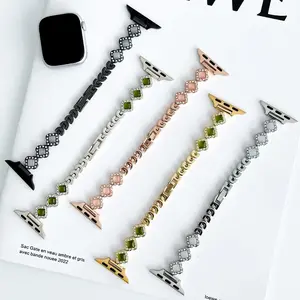 Four-leaf Clover Design Watch Band, Rhinestone Decor Watch Band for Women, Fashionable Watch Band for Apple Watch 38/40/41mm & 42/44/45/49mm, Wearable