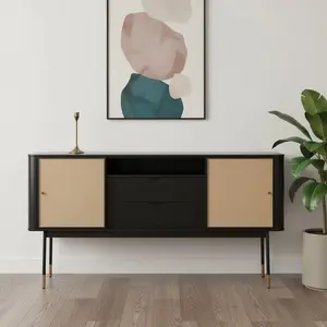 360 stand Modern Rustic Manufactured Wood Safe Storage Cabinet Sideboard with Storage - 2 Drawers, Sliding Doors, Metal Legs, 31.89x59.06x18.51 in, Black & Natural Finish