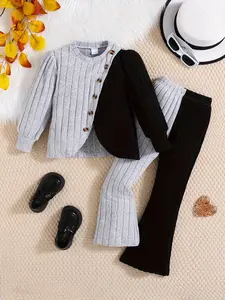 Girl's Patchwork Print Button Sweater Trousers, Casual Long Sleeve Round Neck Jumper for All Seasons，Fashion Girl' Knit Clothing for Daily Wear