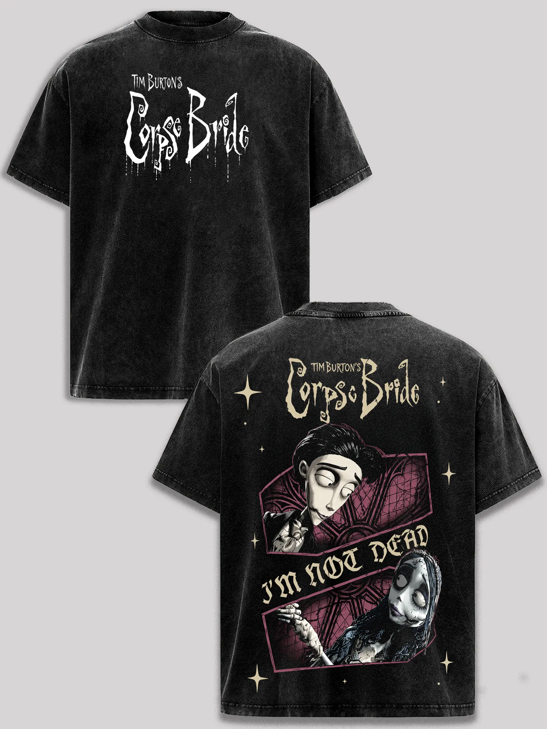 Men's Corpse Bride Vintage Washed Oversized Classic Short-Sleeve T-Shirt, Tim Burton Gothic Movie Graphic Tee, Emily Victor Black Acid-Wash Heavyweight Cotton Unisex Apparel Top Gift, Tshirt, Shortsleeve, Streetwear, Seamless, Clothes, Menswear, Round Nec