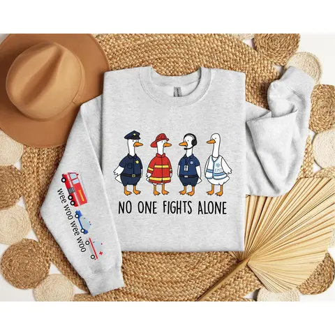 Silly Goose Emergency Department Sweatshirt & Long Sleeve Tee No One Fights Alone 911 Dispatcher Police Firefighter Nurse Wee Woo Wee Woo Shirt Operator Gift Loose Fit Medium Heavy Fabric 8.0 oz/yd² 50% Cotton 50% Polyester Crewneck Unisex