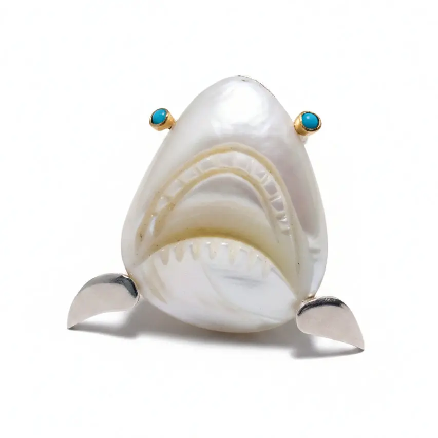 Shark Ring - 18K Gold, Sterling Silver, Mother of Pearl, Turquoise - Size 7 US