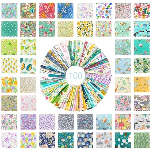 100 Pieces Printed Fabric Set, 10cm X 10cm Pre-Cut Squares for Sewing Crafts, Floral, Cartoon, Fruit Styles, DIY Scrapbook, Beginner Friendly