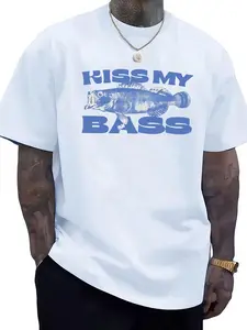 Kiss My Bass Printed T-Shirt, Fishing Fun Streetwear Street Style, Casual Home Comfort Wear, Tiktok Trending Meme Graphic Unisex Round Neck Short Sleeve, Fashion