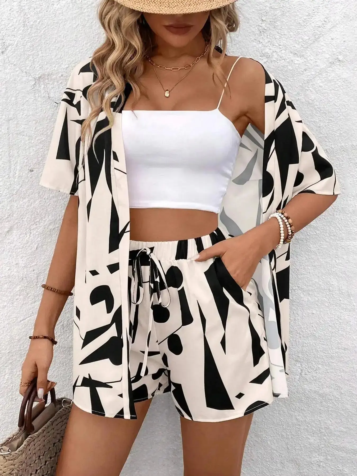 Two-piece Set Women's All Over Print Top & Shorts, Casual Short Sleeve & Summer Outfits, Womenswear, Basic, Coord Set, Versatile, Comfort, Wear, Style, Outfit, Essential, Trendy, Chic, Elegant, Classy