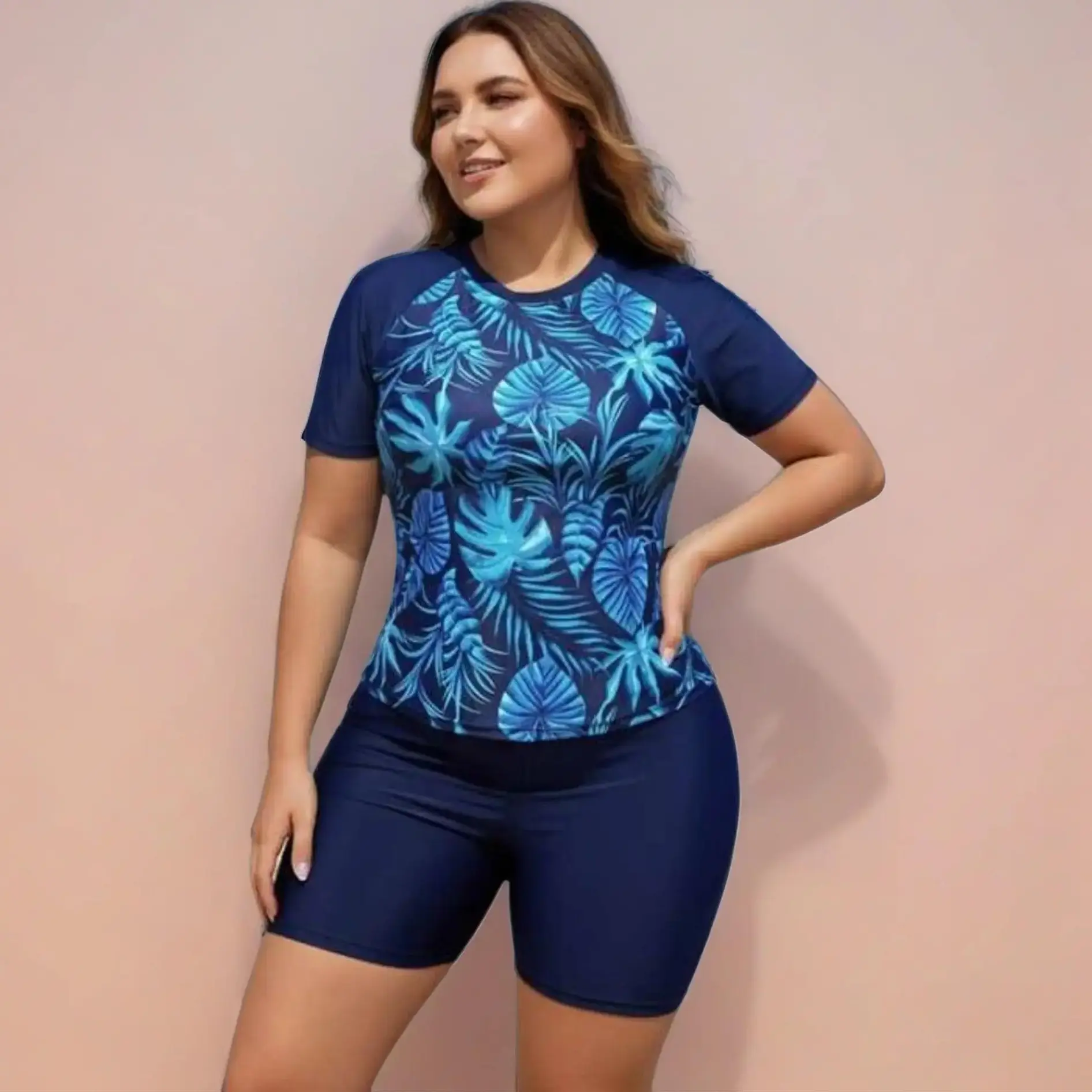 Women's Plus-Size Cotton Tankini Outfit Swimsuit - 2-Piece Short Sleeve Modest Top with Contrast Wide Straps, Beach Swim Bathing Suit for Pool, Swimsuits, Regular, Contrast Straps, Strappy, Pool Wear, Multicolor 308