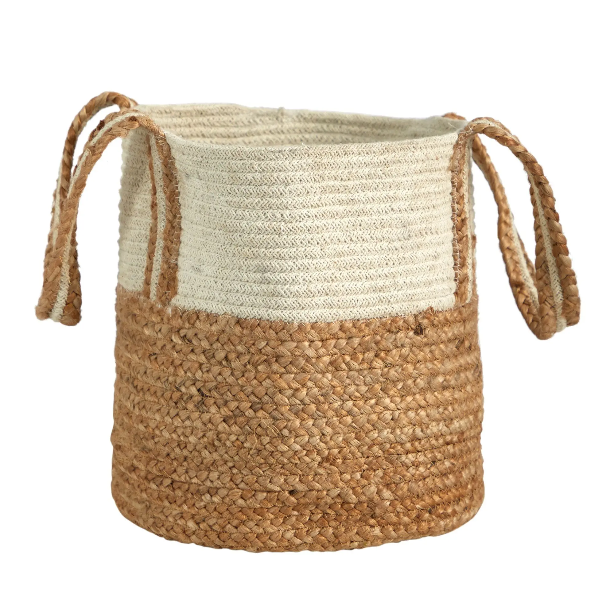 14” Boho Chic Standing Artisans’ Storage Basket, Natural Cotton-Jute Home Organizer with Handles for Rustic Touch Accent Decor
