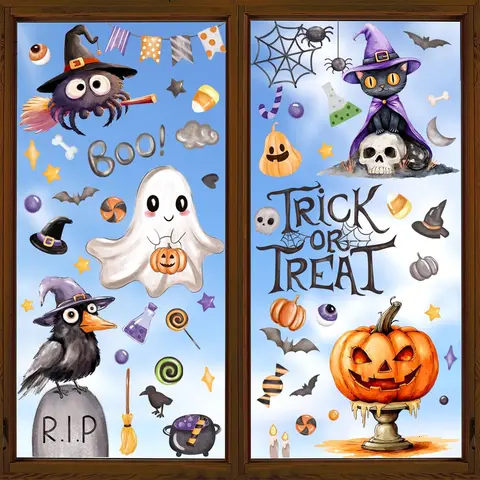 Halloween Ghost Decorative Window Cling Sticker Packs - 6 Sheets Self Adhesive Decals, Waterproof Durable Stickers, Fade-Resistant Print, 11.8 x 8.9 x 0.2 Inches Flat Figures, Easy Adhesion, Spooky Ghosts & Crows, Houses Decor for Halloween, Glass Use