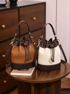 New Leather Bucket Bag for Women, Korean Style Patchwork Drawstring Shoulder Crossbody Bag, High-End Unique Design Handbag