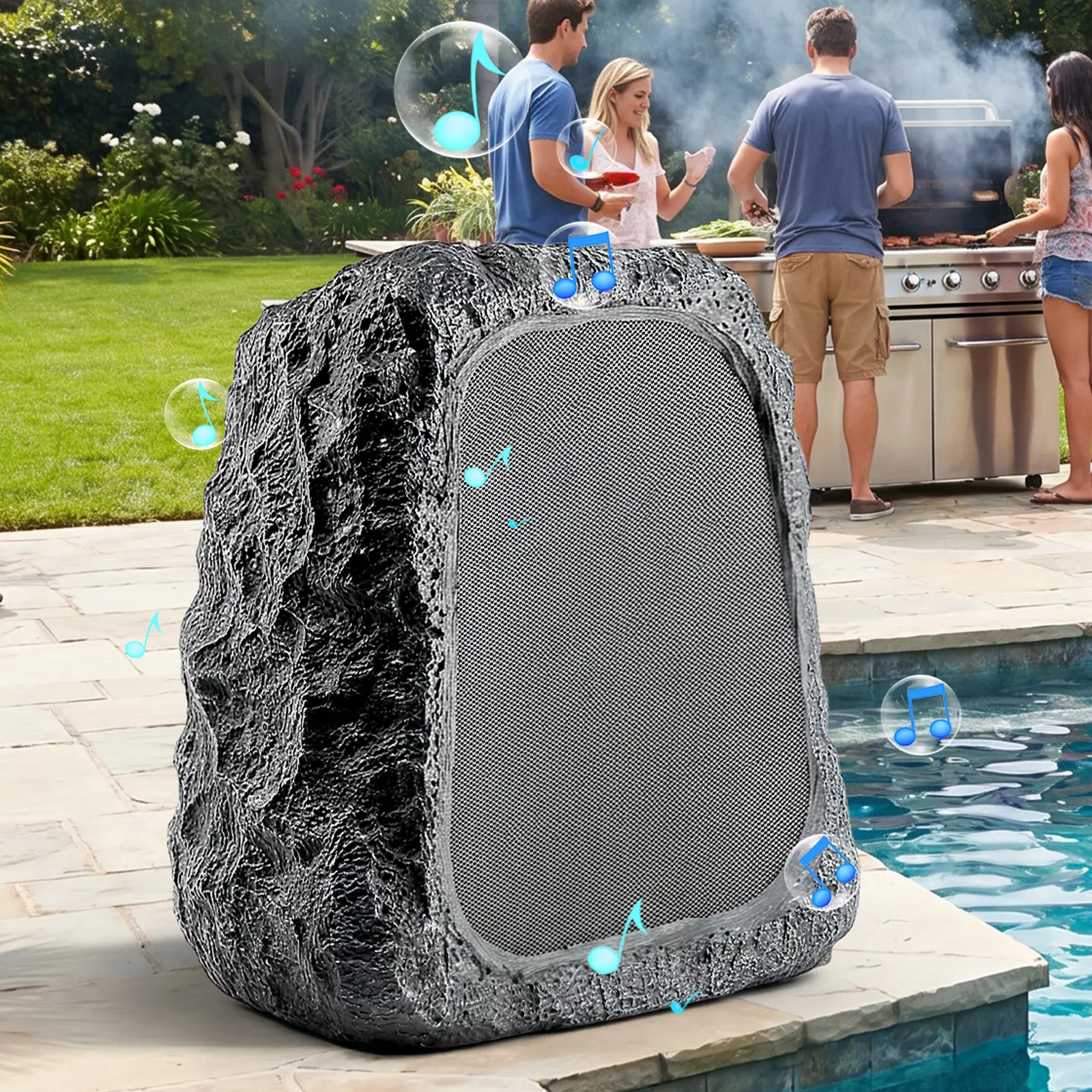 Summerwins BlitzRock 2026 Outdoor Wireless Rock Speakers - 30W (60W Paired) Hi-Fi HD Rechargeable Waterproof High Output Interactive Audio, Remote Control, Solar-Charging, 100-Pc Multi-Sync, Natural Granite Look, Easy Install, for Patio Pool Parties, Rech