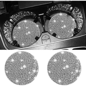 Car Cup Holder Coaster, 2 Pack Fashion Anti-Slip Shockproof Universal Vehicle Cup Holders Coasters Insert Bling Crystal Rhinestone Auto Automotive Interior Accessories for Women (White, 2 pcs)