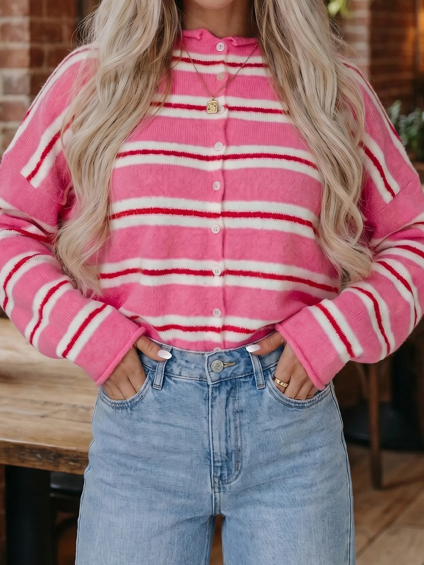 Women's Striped Knit Cardigan - Round Neck, Drop Shoulder, Long Sleeve, Button Front Long Sleeve Shirt, Soft Brushed Relaxed Fit Layering Top for Fall, Winter, Everyday Wear