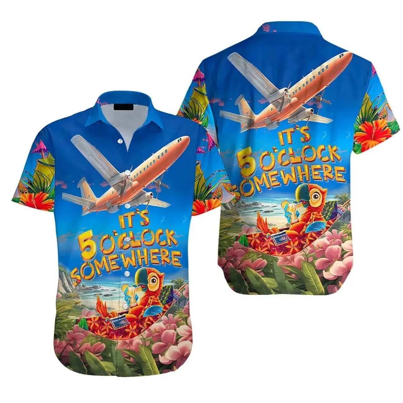 It's Five O'clock Somewhere Parrot Tropical Hawaiian Shirt, 100% Woven Polyester, Casual Polka Dot, Available in Sizes S to 5XL - Breathable 8