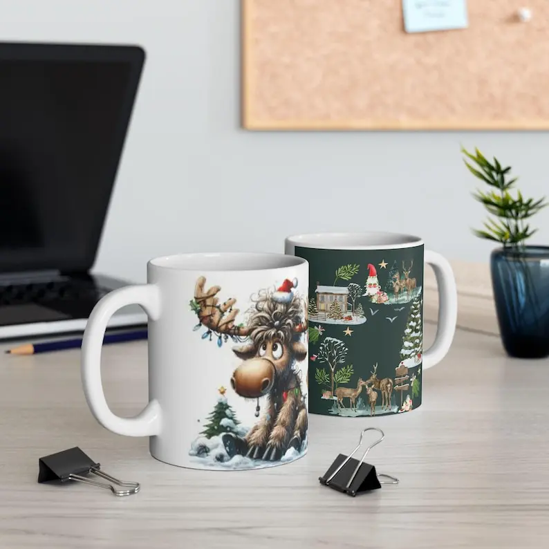 Festive Holiday Ceramic Mug, Christmas Gift, Cozy Winter Drinkware, Reindeer & North Pole Design, Holiday Decor, Hot Cocoa Mug