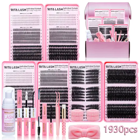 RITALASH Natural Cosmetic D-Curl Individual Eyelash Extensions Accessories Bundle - 1930 Pcs Mixed Lengths Lash Book, Bond & Seal Adhesive, Remover, Headband, Dramatic Exaggerate Lash Makeup Kit (False Eyelashes & Adhesives)