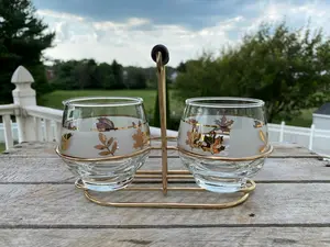 60’s Fall/Winter Libbey Creamer And Sugar Bowl. In Caddy. Mid Century Modern Libby Frosted Glassware