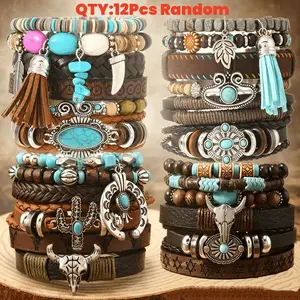 12Pcs Retro Bracelet Set Random - Turquoise Wood Bead & PU Leather Suitable for Daily Wear, Earth Day, Mother's Day Gifts, Flower & Feather Pendant Bracelets, Durable PU Leather for Campus Events & Everyday