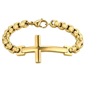 OIDEA Polished Latin Cross Stainless Steel Bracelet for Men — Bold Christian Crucifix Bangle, Religious Baptism Bracelet, Gold Silver