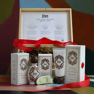The Complete Flora Miabilis Regime. Includes up to a 3 month supply of Holy Grail Face Oil, Full-Size Fountain Of Youth Cleansing Clay, and the Stainless Steel Beauty Tool. 100% Organic and ethically sourced. Crafted in small batch.