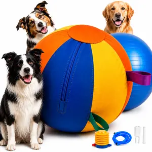 Inflatable dog herding ball with handles—ideal for energetic, destructive dogs. Outdoor inflatable exercise toy suitable for push-and-chase games and backyard training. Interactive toy for small, medium, and large dogs.