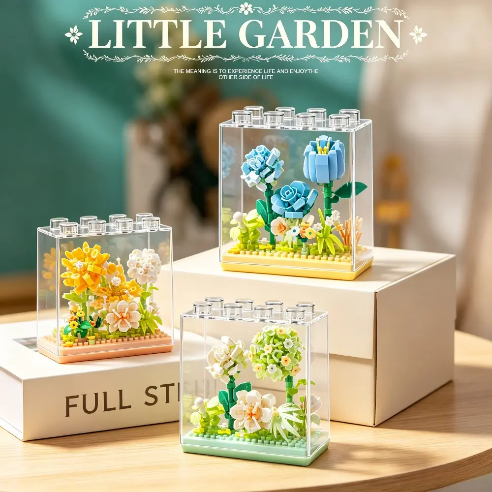 Unisex Artificial Hydrangea Micro Blocks Building Kit - Kids' Floral DIY Toy, Home Decor Ornament with Acrylic Dust-Proof Box