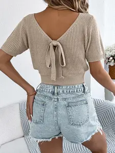 Summer Round Neck Solid Color Backless Bow Tie Waist Cinched Crop Top, Beach Vacation Short Sleeve Knit Sweater for Women